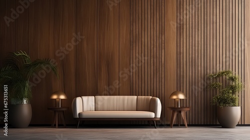 3D interior rendering of a cozy living room with a white upholstery on wooden bench and a potted plant with a corrugated wooden wall background. © Aris Suwanmalee