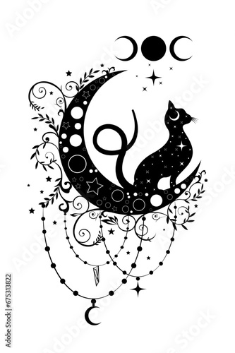 Mystical black cat over celestial crescent moon and triple goddess, witchcraft symbol, witchy esoteric logo tattoo. Vector esoteric wiccan clipart in boho style isolated on white background