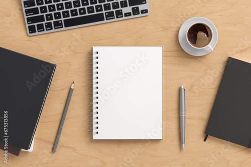 Notebook mockup. Blank workplace notebook. Spiral notepad on wooden desk