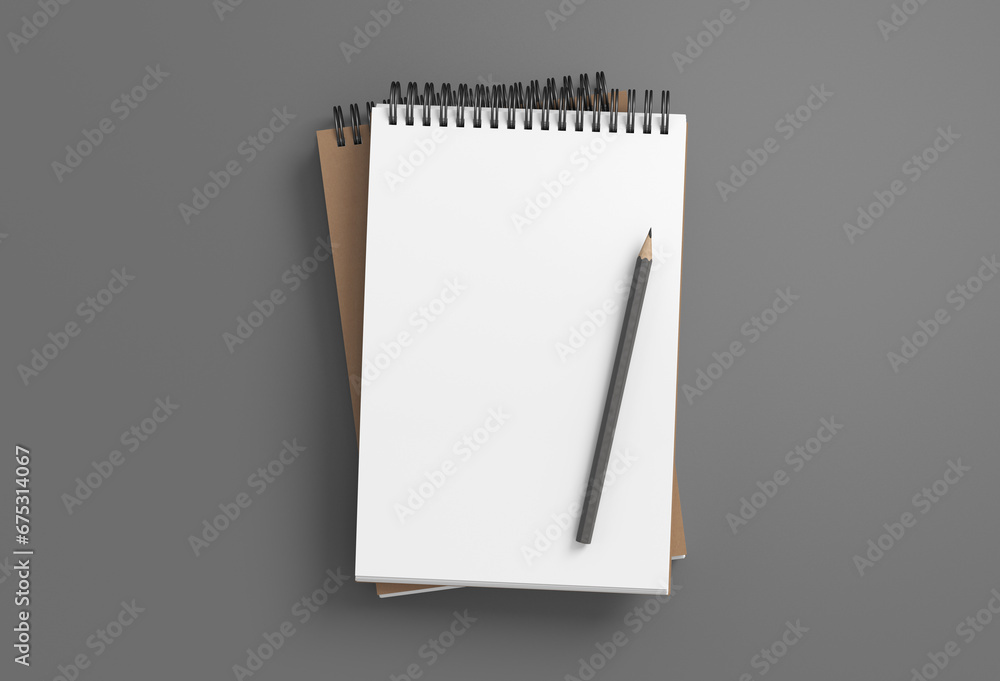 Notebook mockup. Two notebooks in a stack and pencil. Spiral notepad on gray background Notebook mockup. Two notebooks in a stack and pencil. Spiral notepad on gray background
