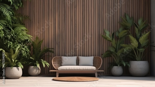 3D interior rendering of a cozy living room with a white upholstery chair, potted plant with a wooden wall background.