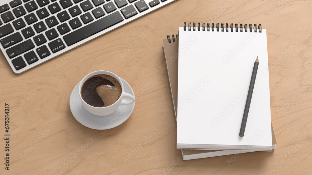 Notebook mockup. Blank workplace notebook. Spiral notepad on wooden desk Notebook mockup. Blank workplace notebook. Spiral notepad on wooden desk