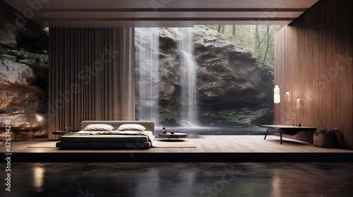 3D rendering of a bedroom with a waterfall forest background.