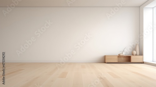 3D interior rendering of a living room with storage dresser on wooden floor.