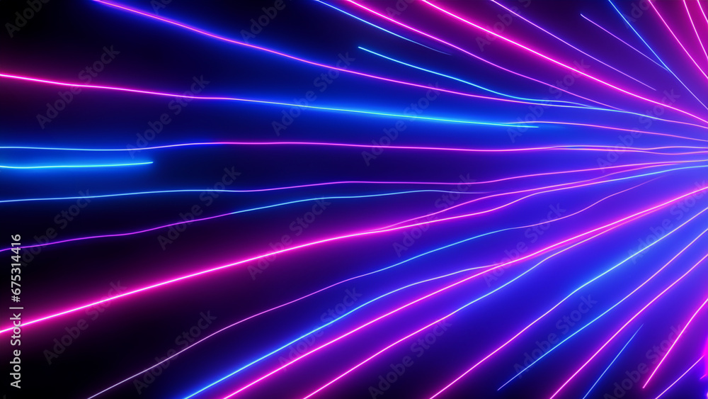 3d abstract neon background space and time strings, coming in from the right, highway night lights. Ultra violet rays, glowing lines, virtual reality, speed of light