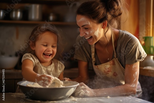 Messy but Happy: Mother and Daughter Creating Sweet Memories While Baking in a Sun-Filled Kitchen. 