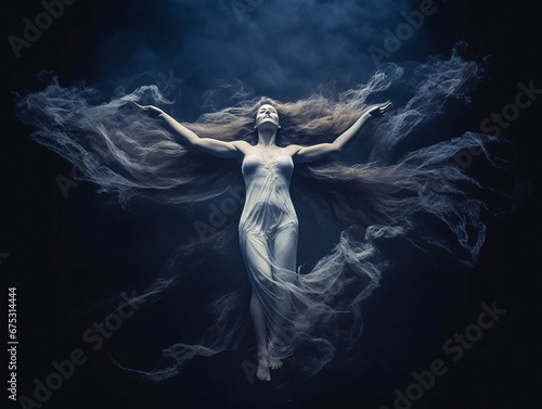 The figure of a female ghost flying into the starry night sky. Spirit. Soul, ghost of a girl.