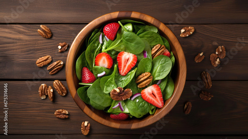 Strawberry and spinach salad with pecan nut in a wooden bowl, top view