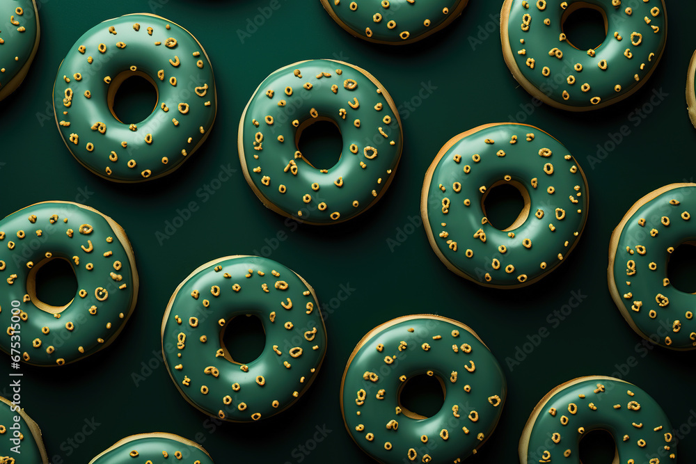 Fototapeta premium minimalistic green background with donuts, top view with empty copy space