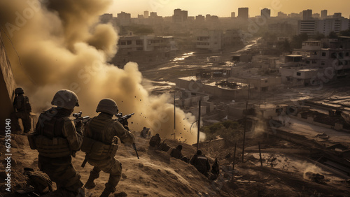 Photos of soldiers in combat in a small Middle Eastern country
