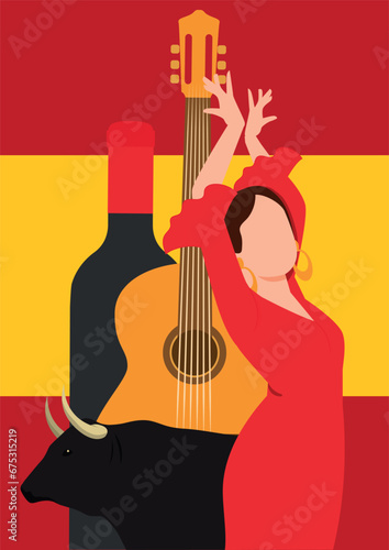 Poster of spain. spanish elements. Flag background. Simple and minimalist retro poster with traditional essence. Flamenca, Spanish guitar, red wine, bull and flag