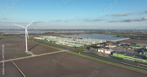 Aerial drone view on a large scale computing center, data center. photo