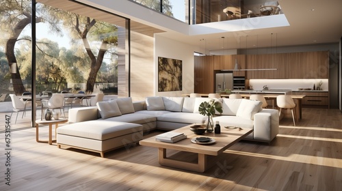 Intérieur moderne et lumineux d'un séjour avec un grand canapé et des grandes baies vitrées © jp