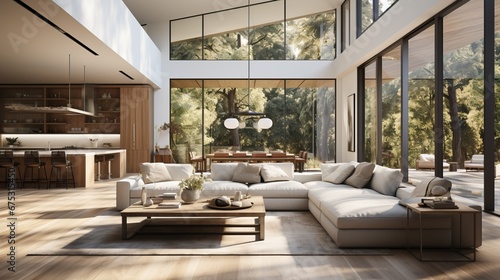 Intérieur moderne et lumineux d'un séjour avec un grand canapé et des grandes baies vitrées