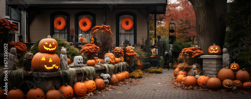 Halloween pumpkins decoration in front of the door.