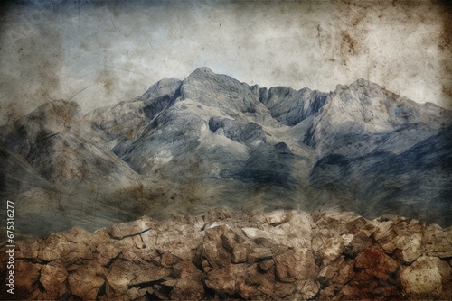 Bold grunge stone texture and distressed mountain backdrop. Generative AI