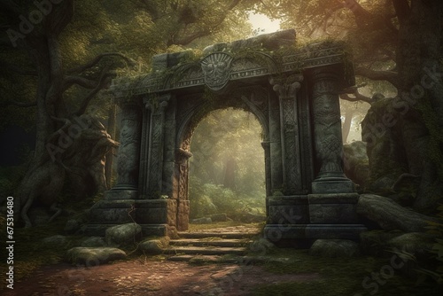 A mystical gateway adorned with an old arch  pillars  and enchanted runes. Generative AI