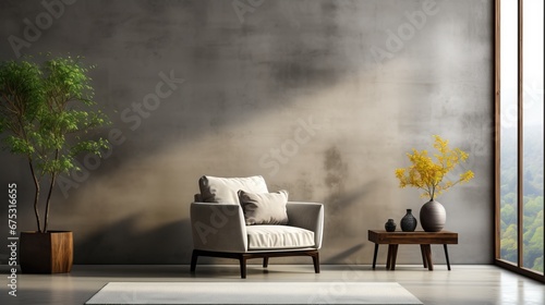 fauteuil avec un grand mur gris ,esprits épuré photo