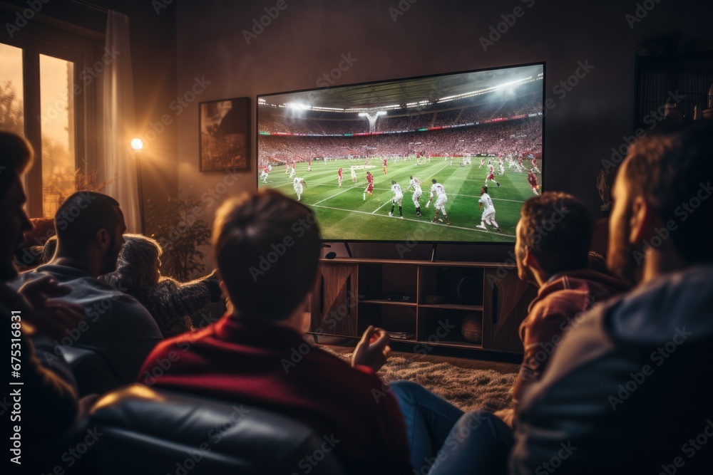 Group of friends watching a football match on TV - obrazy, fototapety, plakaty 