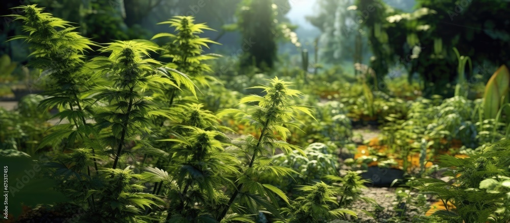 In the background of a serene garden filled with vibrant green foliage the spring season brings a rejuvenating energy as young cannabis plants begin their growth showcasing the beauty of nat