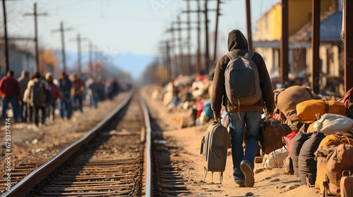 
Exodus of people leaving their home. Group of people fleeing their city due to wars. Immigrants walking. Exiles with their families and belongings walking in search of a better future. Refugees  photo
