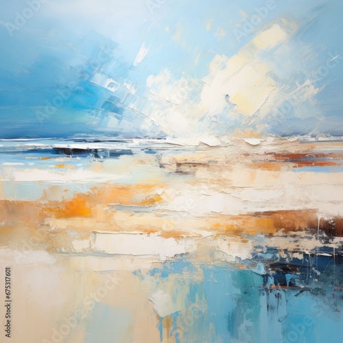 An abstract painting of a coastal beach scene.