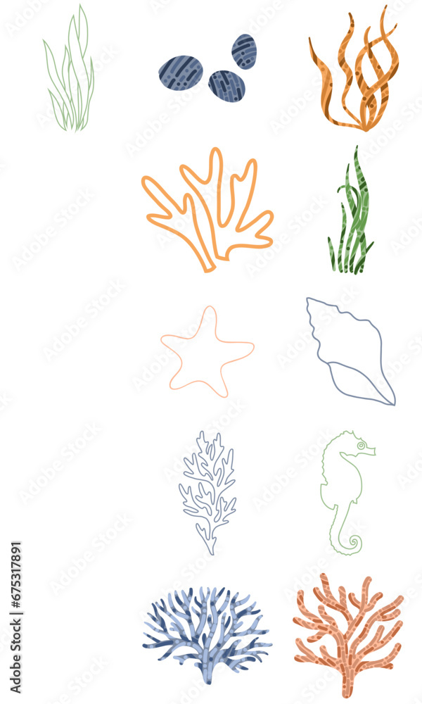 Fototapeta premium Hand drawn art illustration set of cartoon underwater life