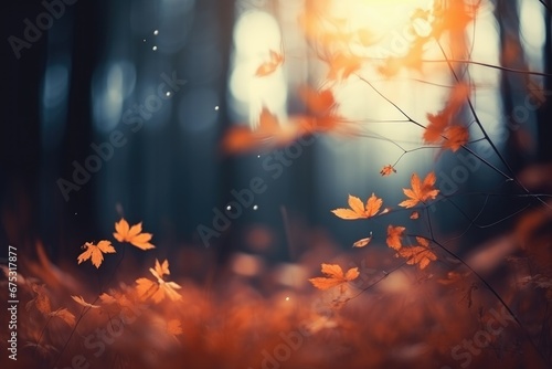 captures the sight of autumn leaves falling in the forest, portraying the beauty of the fall season and the wonders of nature. Enjoy a moment of selective focus on this enchanting scene. Generative AI