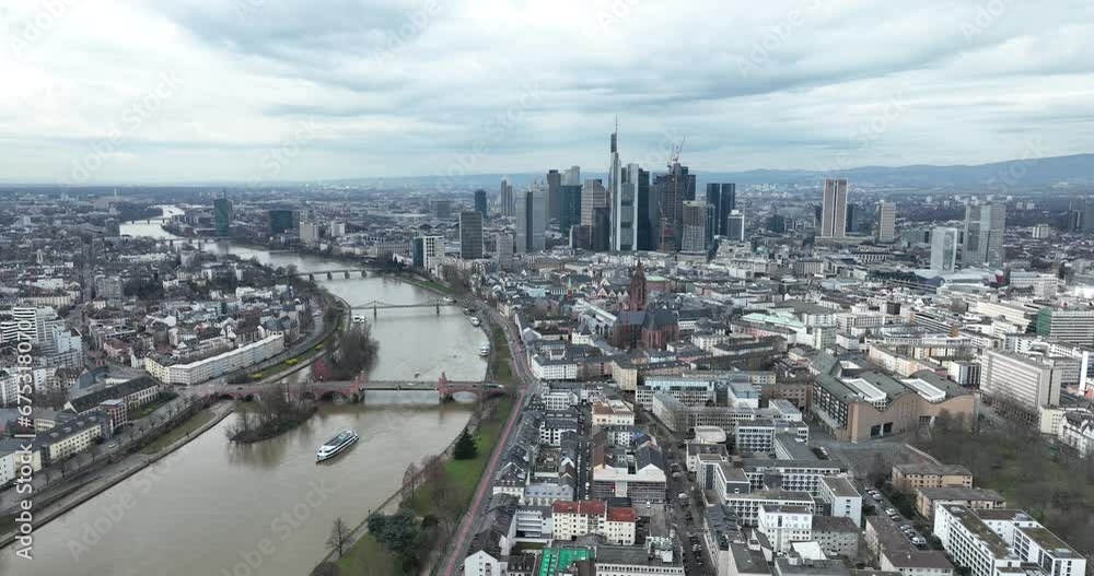 Aerial drone view of Frankfurt am Main, Germany, skyline on a cloudy day, financial district. Aerial drone view of Frankfurt am Main, Germany, skyline on a cloudy day, financial district.