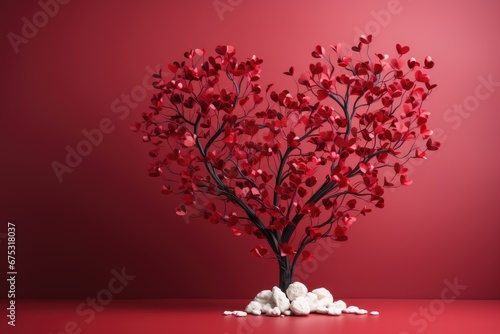Decorative tree in the shape of a heart on a red background. Valentine's Day concept photo