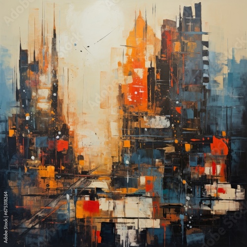 An abstract cityscape in tones of blue and orange.