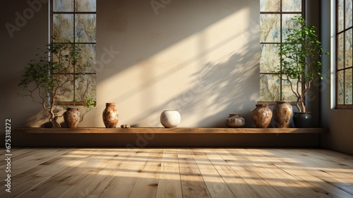 une pièce vide avec des planchers en bois et un mur en plâtre vieilli, affichant des zones avec des variations de couleur. La lumière naturelle pénètre dans la pièce