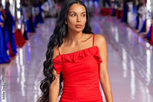 beautiful woman in a dress defiles. a brunette in a bright red dress walks along the catwalk, many people in the background. modeling business concept © ibragimova