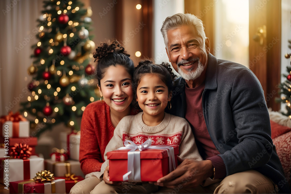 A Modern Family in a Christmas Giving a Gift at Home A Modern Family in a Christmas Giving a Gift at Home