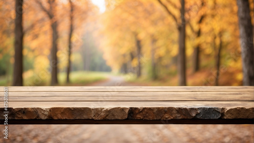 Stone podium table top outdoors blur of autumn forest  © adynue