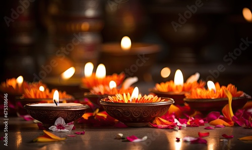 Group of Illuminated Bowls With Flower Petals
