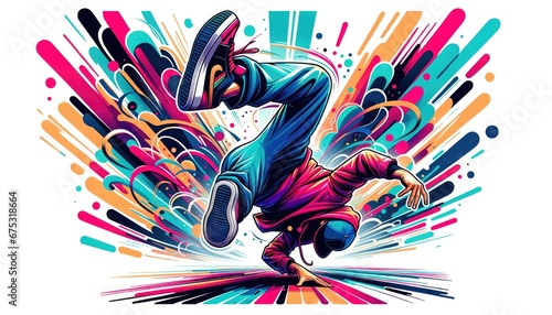 A breakdancer performing a bottom break, viewed from a low angle, emphasizing the movement and energy, Illustration in vibrant colors. photo