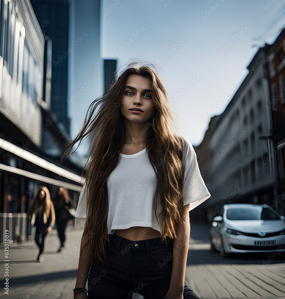 Long hair, female model in a casual outfit, Generative AI