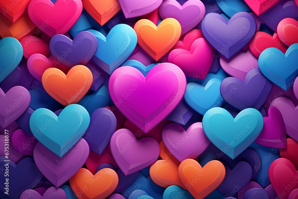 Heart backdrop with love hearts in various vibrant colors. Abstract and three-dimensional illustration. Generative AI