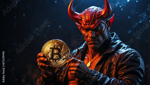 A devil with a big Bitcoin in his hands. photo