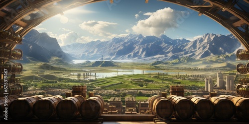 Piękny widok na górski krajobraz z winiarni z beczkami pełnymi wina. 