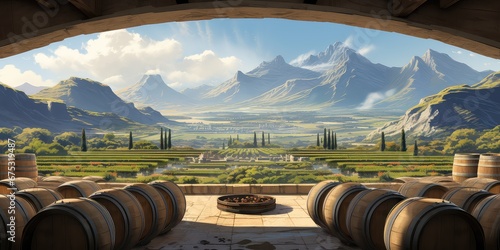 Piękny widok na górski krajobraz z winiarni z beczkami pełnymi wina.