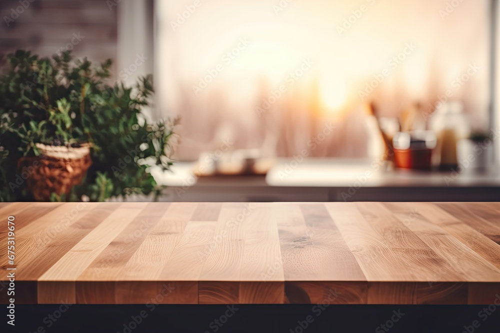 Empty wooden tabletop view in kitchen, blurred background. Generative AI Empty wooden tabletop view in kitchen, blurred background. Generative AI