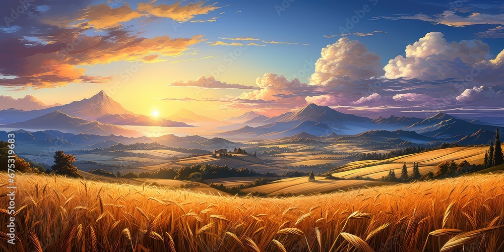 Krajobraz pól uprawnych pszenicy i innych zbóż - obrazy, fototapety, plakaty 