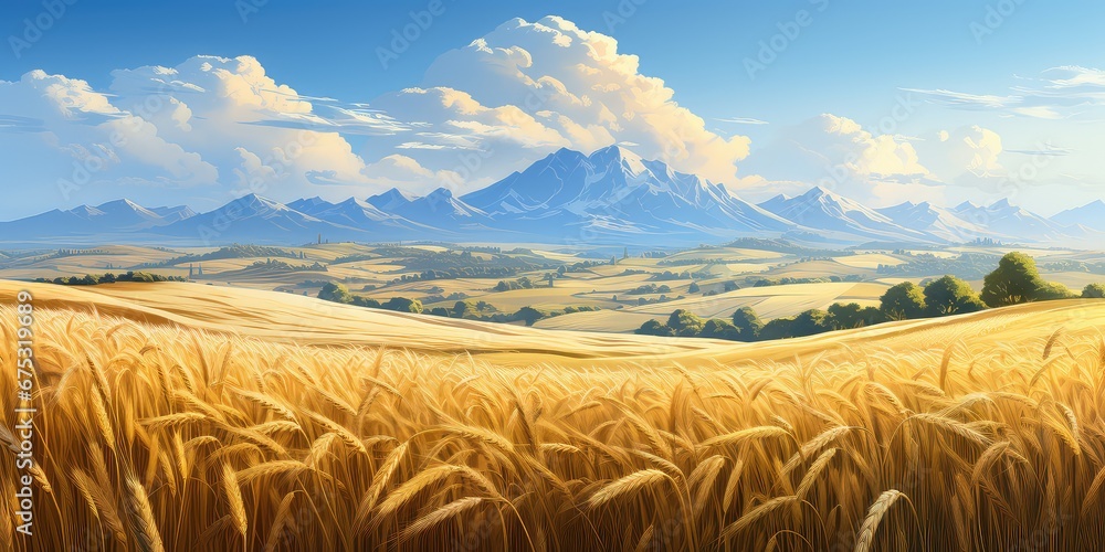 Krajobraz pól uprawnych pszenicy i innych zbóż - obrazy, fototapety, plakaty 