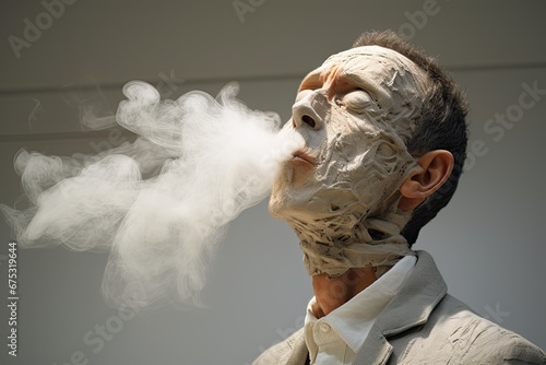 Man blowing smoke out of mouth, painful, withered face, incurable disease. Generative AI photo