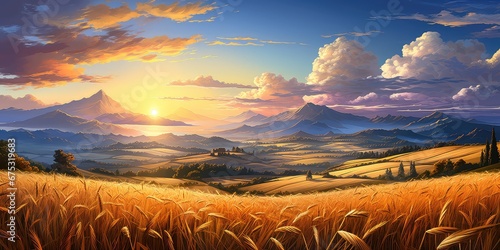 Krajobraz pól uprawnych pszenicy i innych zbóż