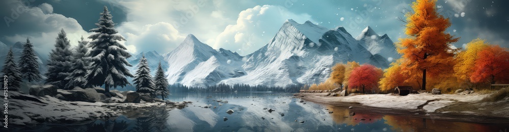 Obraz na płótnie Widok na piękne górskie szczyty pokryte śniegiem i górskie jezioro w jesiennym lesie.  w salonie