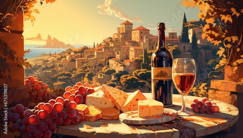 Włoskie śniadanie z winem i deską serów na tle wiejskiego krajobrazu.  photo