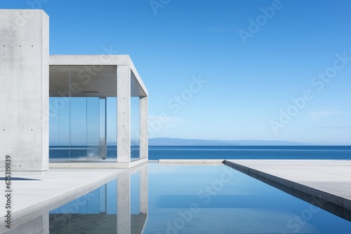 Architectural Serenity  A Panoramic Concrete Structure  Elegantly Embracing the Style of Calm Seas and Skies - Transparency  Opacity  and Tranquil Waters